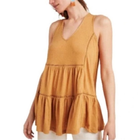 Anthropologie Malaga Tiered Tunic Tank Top Medium Ochre Gold - Picture 1 of 11